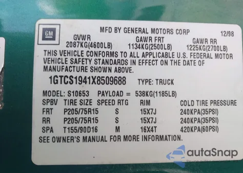 1999 GMC Sonoma Sls z USA, uszkodzony, nr VIN 1GTCS1941X8509688